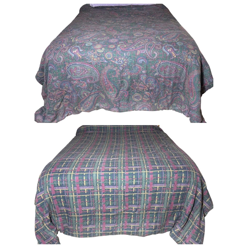 Vtg WestPoint Stevens Comforter Reversible Paisley Plaid Jewel Tone 80s 90s King